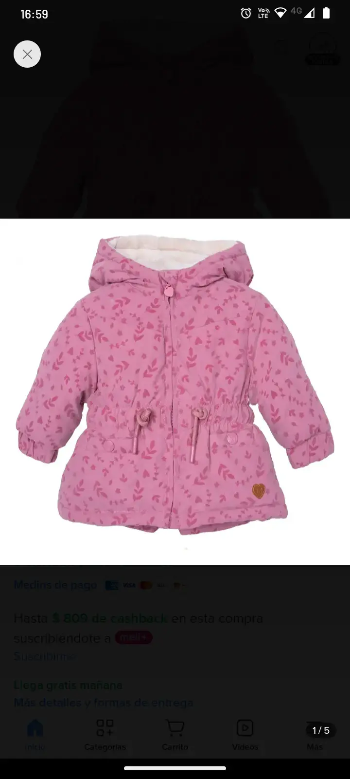 Chaqueta de invierno para niña rosa con capucha - 1