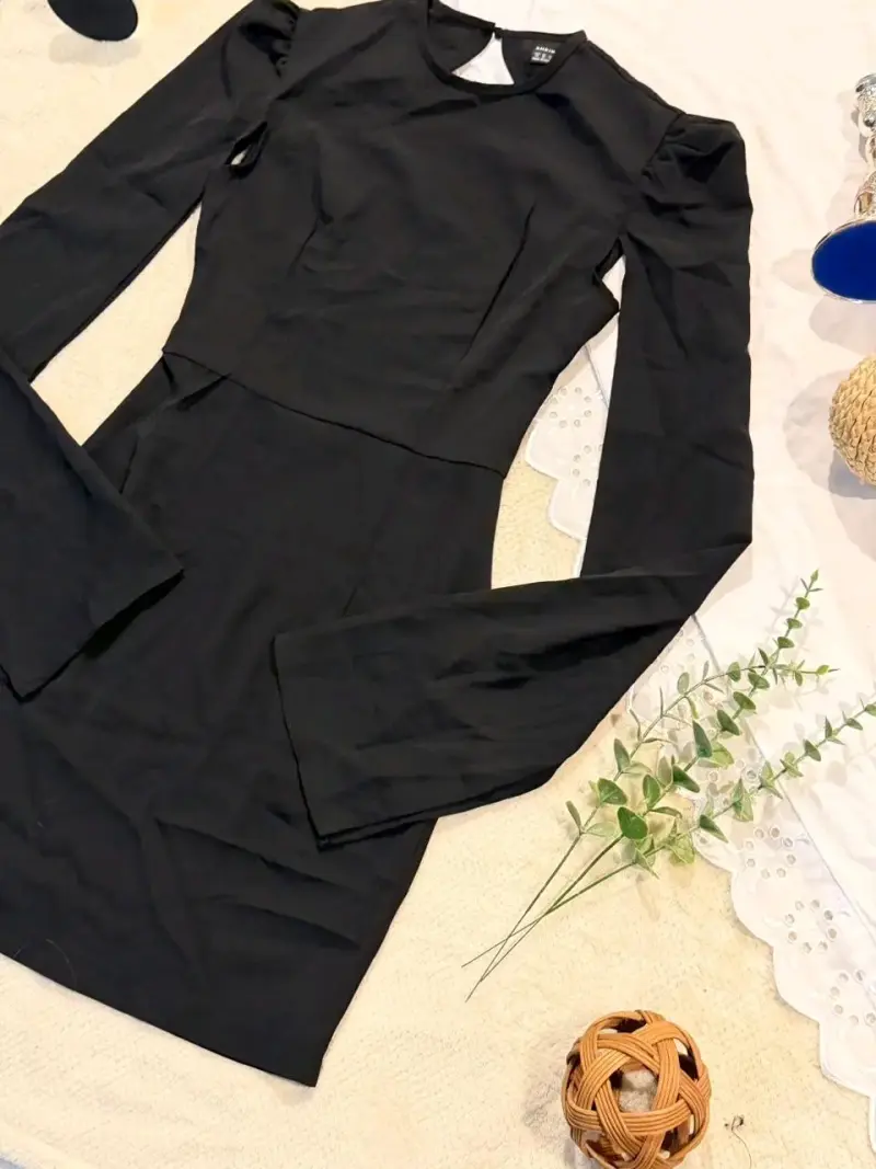 Vestido negro elegante manga larga - 3