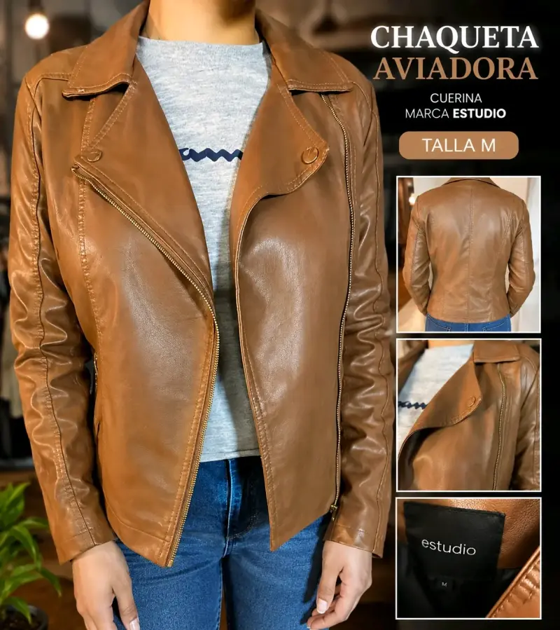 Chaqueta Aviadora de Cuero Sintético Estudio Talla M