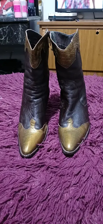Botines de cuero marrón y dorado para mujer - miniatura 2