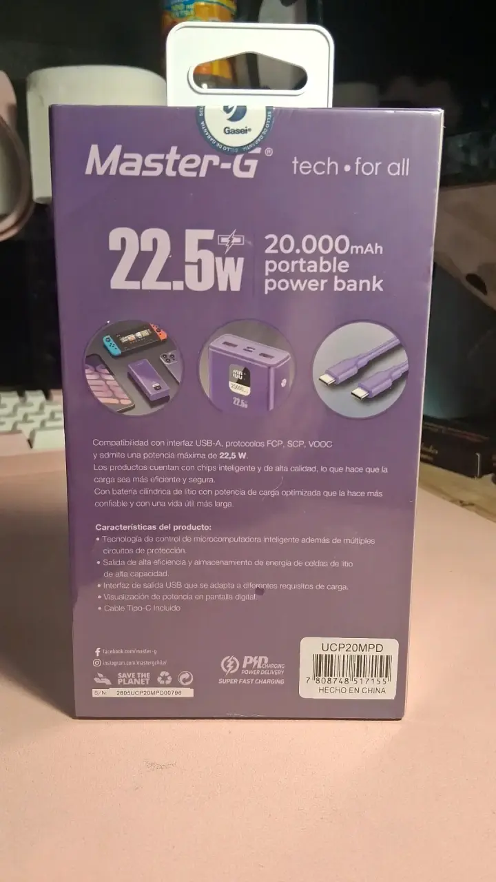Power Bank Portátil Master-G 20000mAh 22.5W - 2