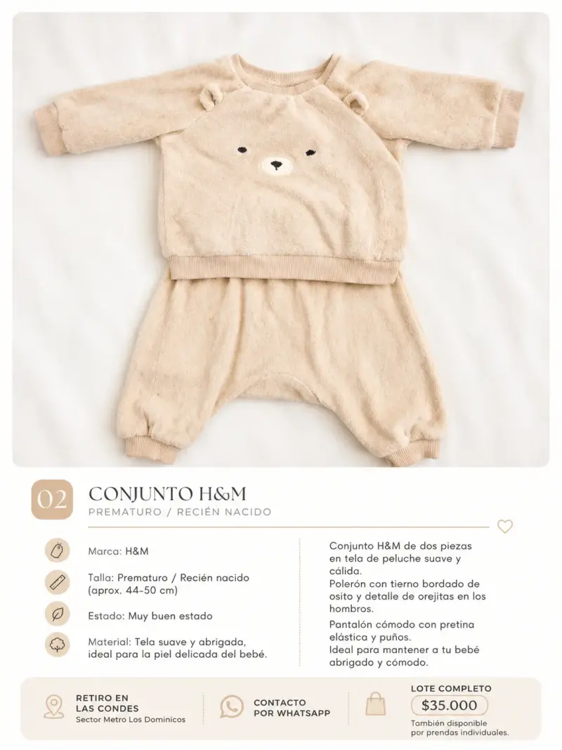 Conjunto H&M para bebé prematuro de peluche suave
