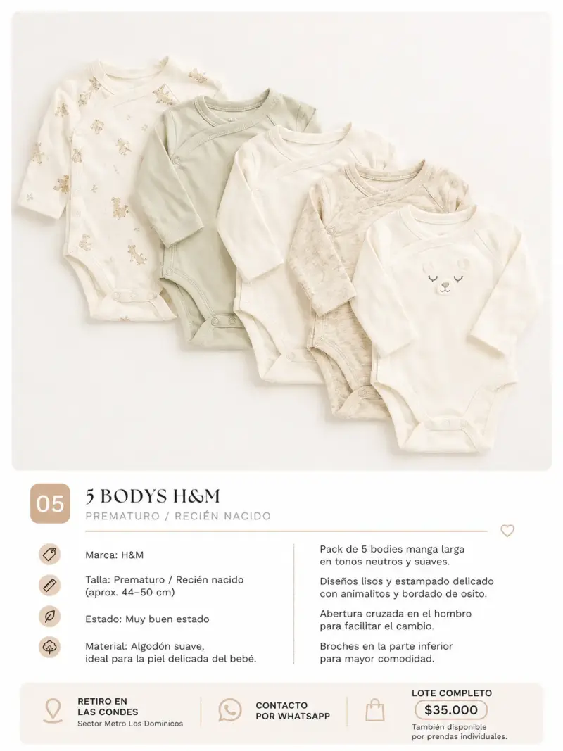 Pack de 5 bodys H&M para prematuro