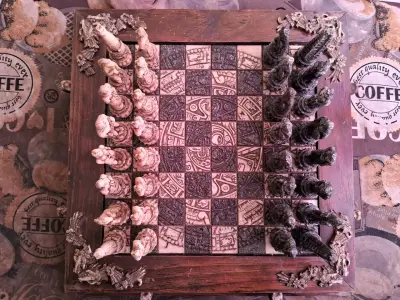 Ajedrez artesanal de madera tallada con diseño prehispánico - miniatura 2