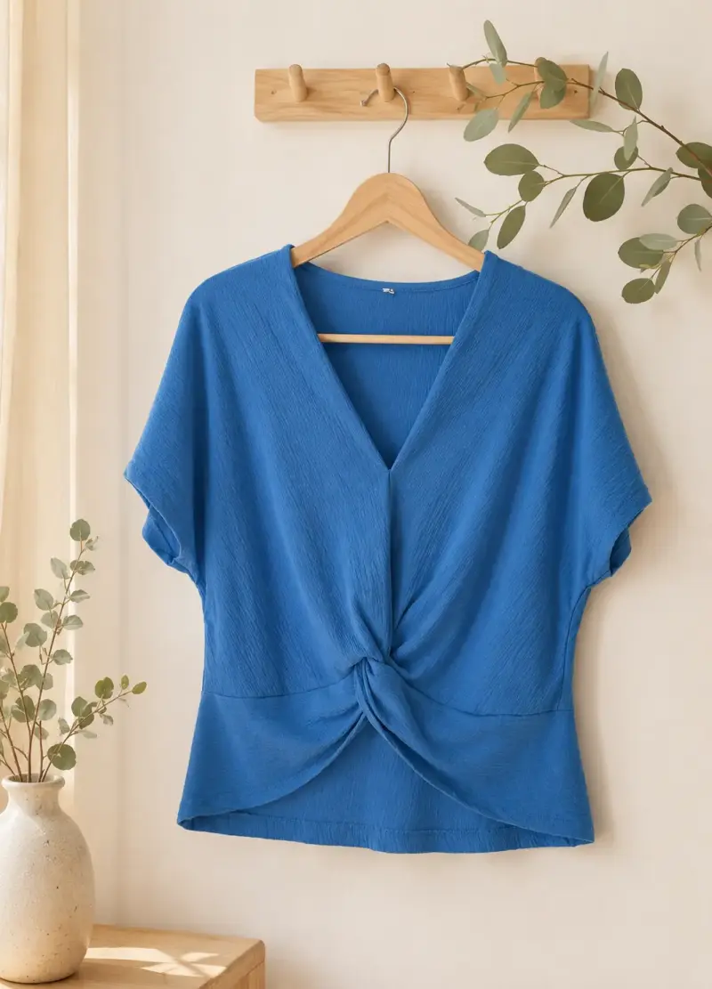 Polera azul con diseño cruzado para mujer