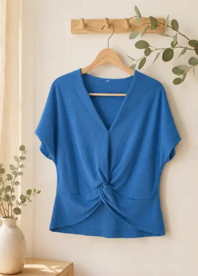 Polera azul con diseño cruzado para mujer - miniatura 1