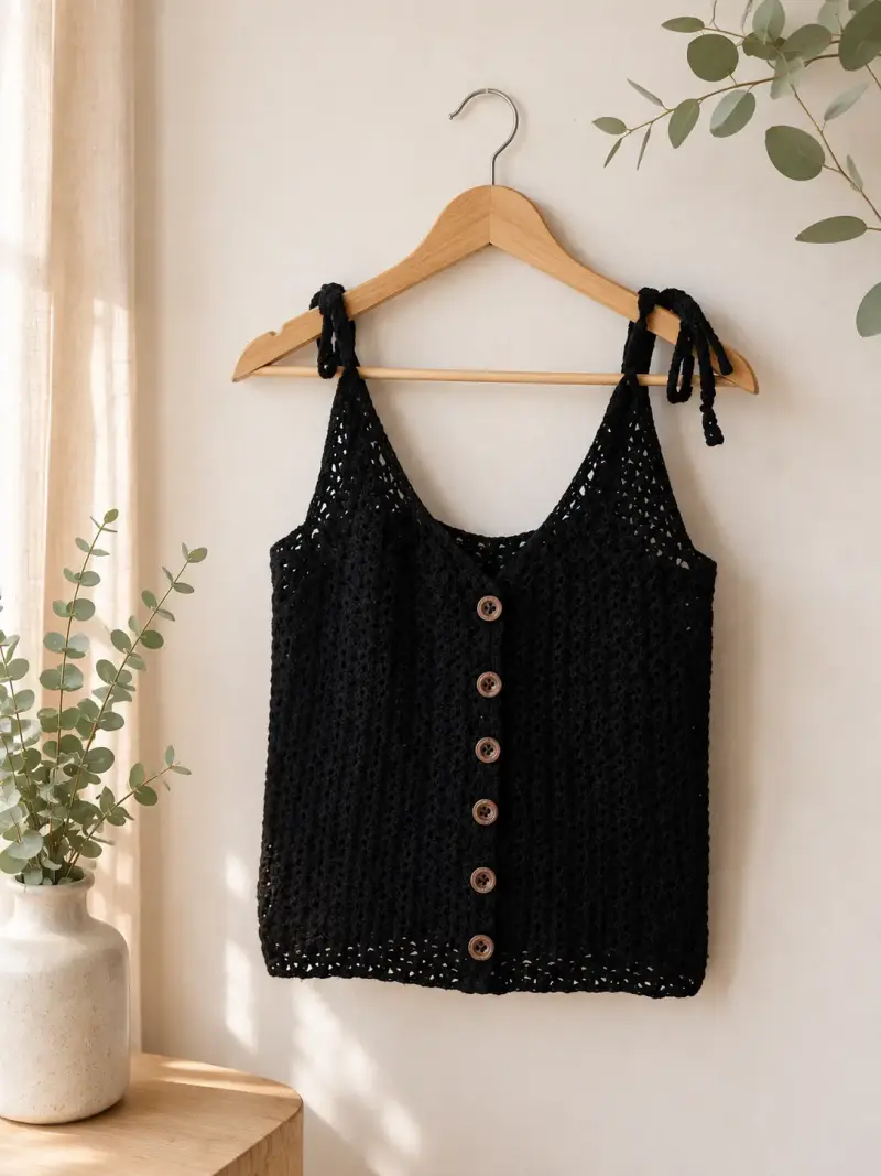 Top tejido negro con botones decorativos
