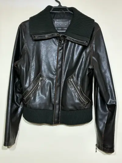 Chaqueta de cuero con cuello tejido - Talla M - miniatura 1