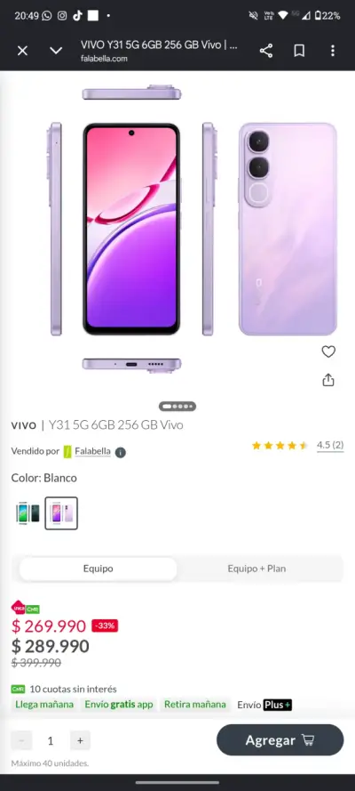 Smartphone Vivo Y31 5G 6GB 256GB Blanco - miniatura 1