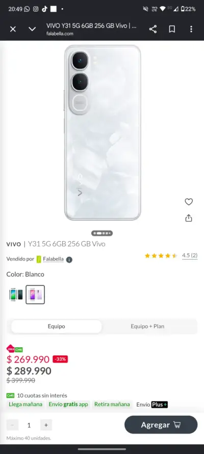 Smartphone Vivo Y31 5G 6GB 256GB Blanco - miniatura 2