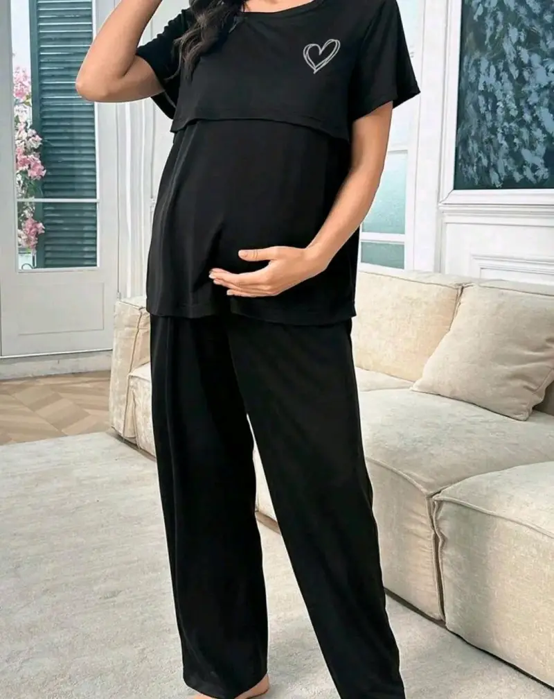 Pijama de Maternidad Negro con Detalles - 1
