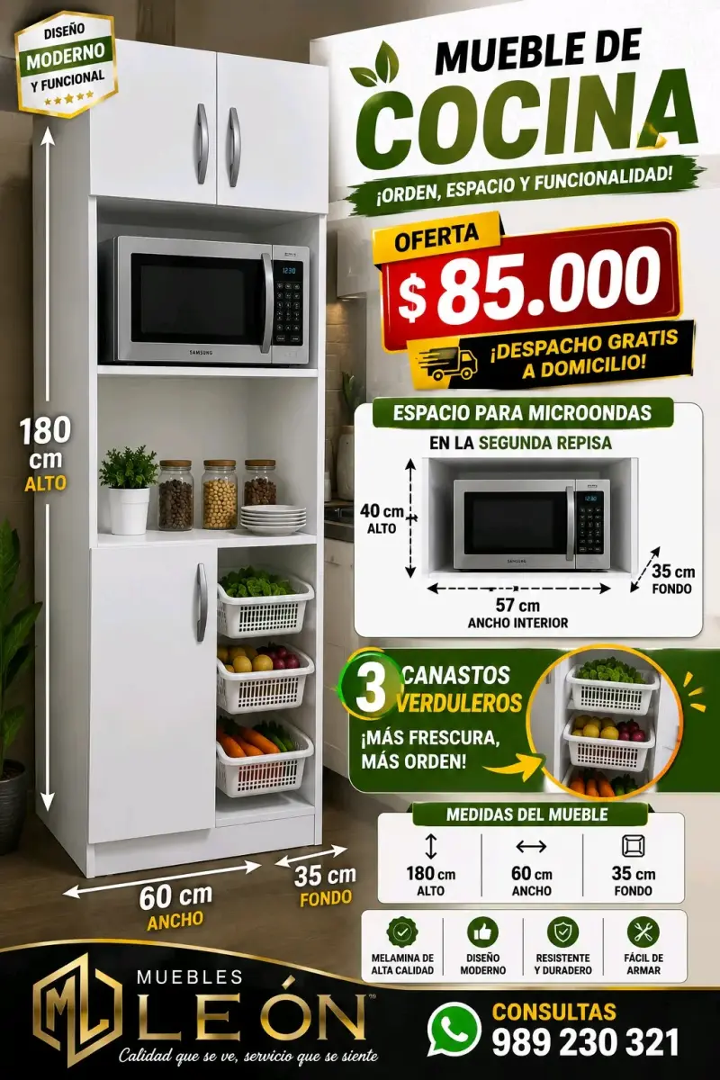 Mueble de cocina con espacio para microondas y canastos