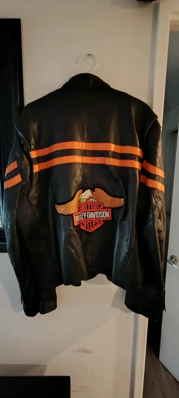 Chaqueta de cuero estilo Harley Davidson con franjas naranjas - 2