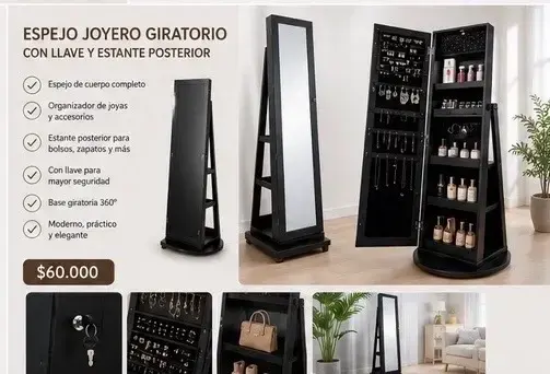 Espejo Joyero Giratorio con Llave y Estante - 1
