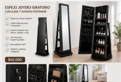 Espejo Joyero Giratorio con Llave y Estante - miniatura 1