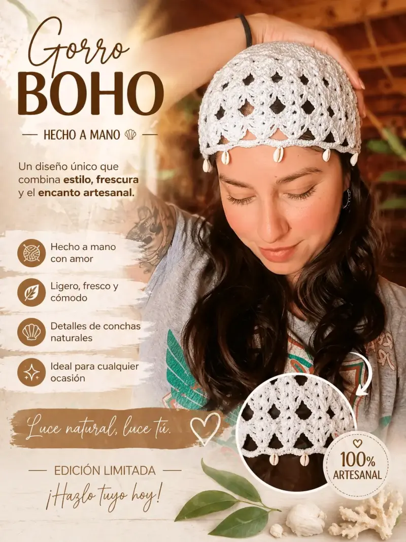 Gorro tejido artesanal estilo boho - 3