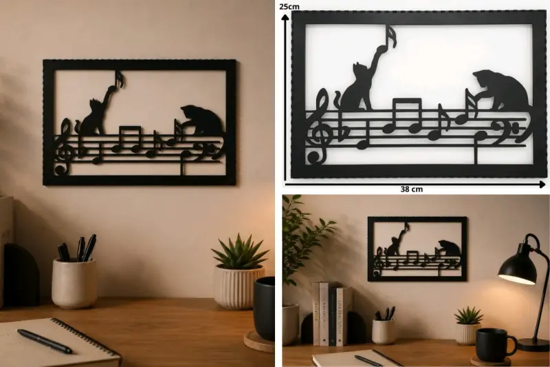 Cuadro decorativo musical con gatos en negro