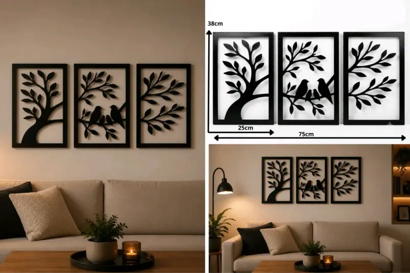 Cuadro Decorativo Tríptico Árbol y Pájaros Negro