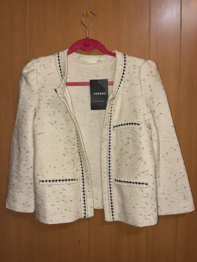 Chaqueta de tweed beige con detalles negros - miniatura 2