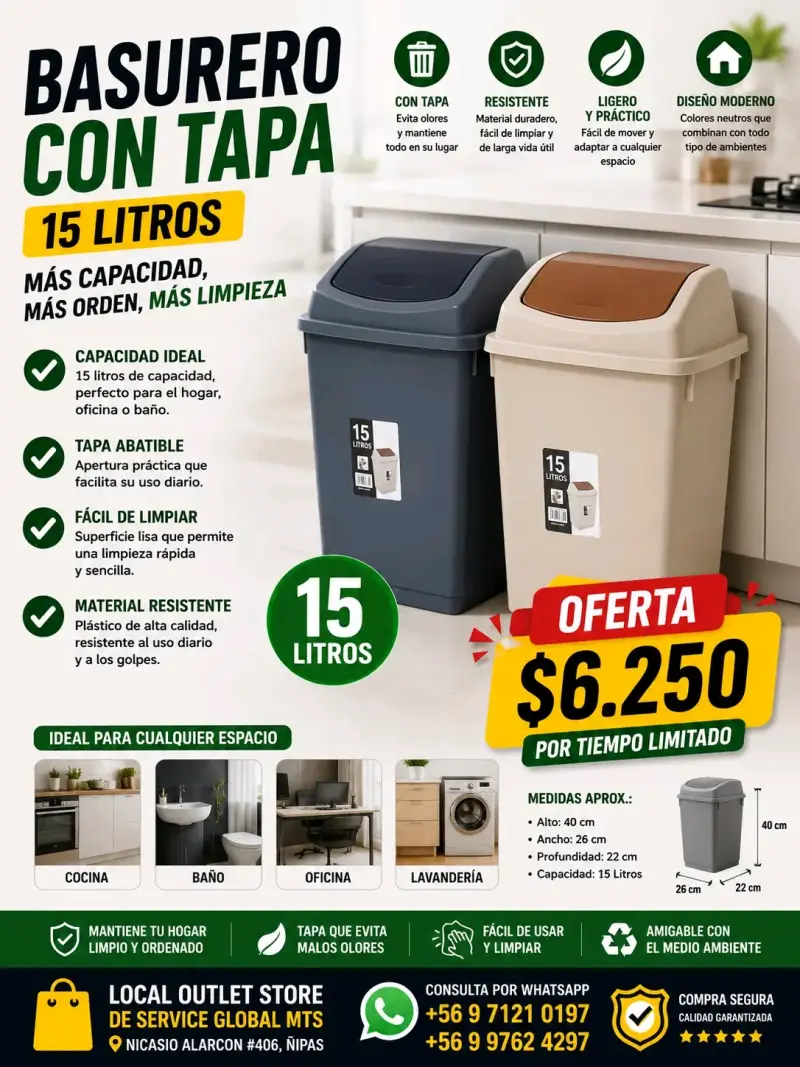 Basurero con tapa 15 litros resistente