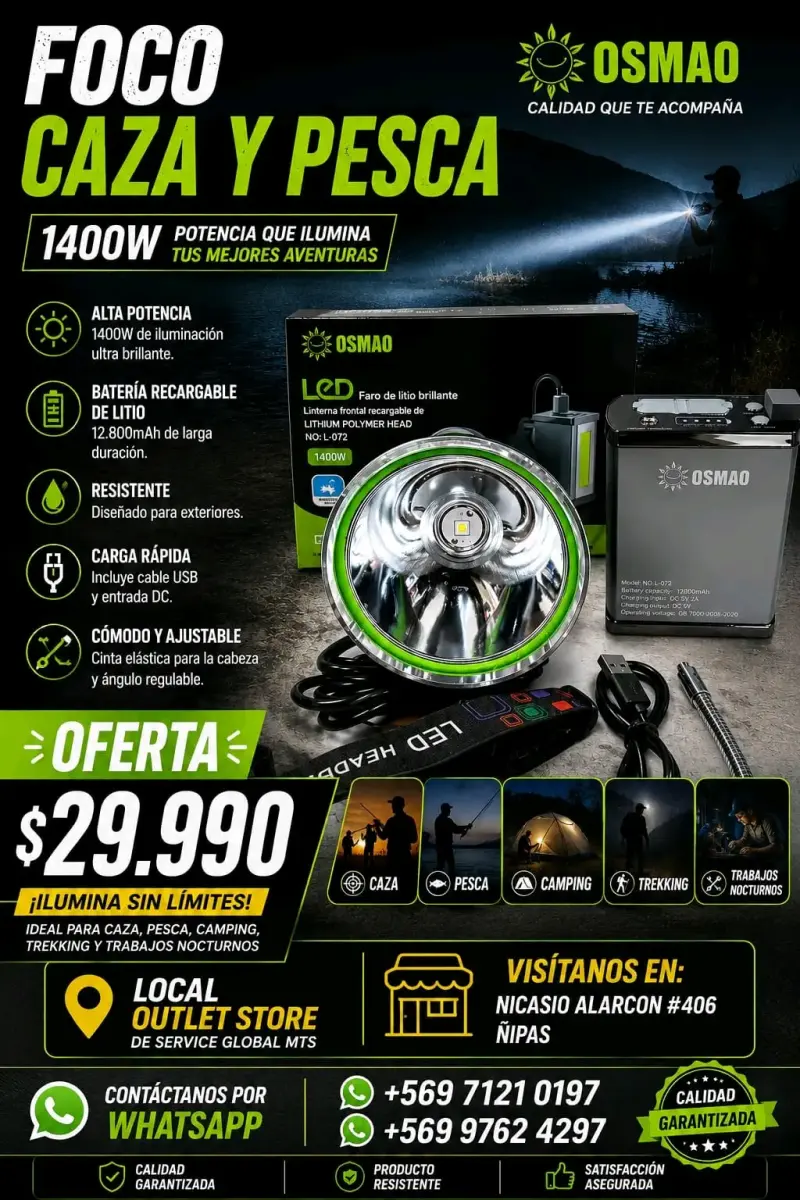 Foco LED recargable para caza y pesca 1400W