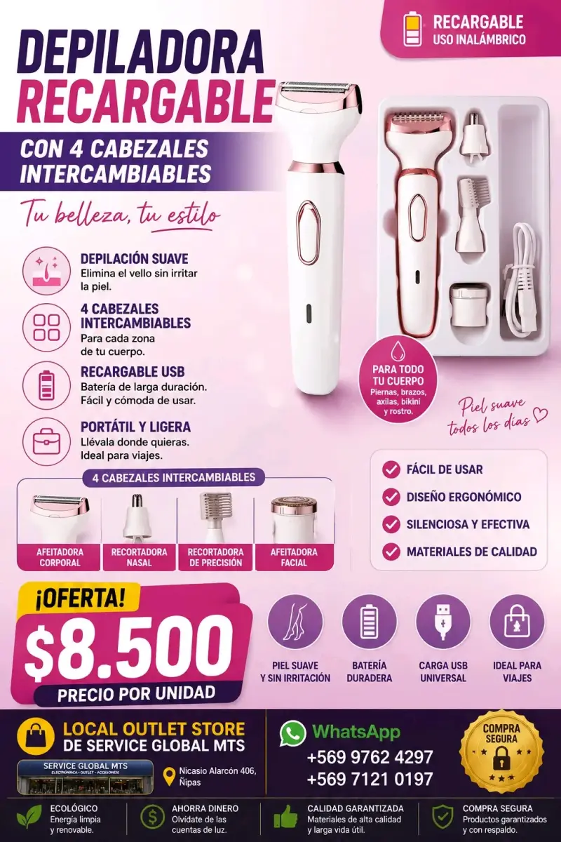 Depiladora recargable con 4 cabezales intercambiables