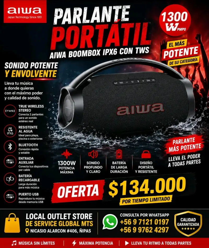 Parlante Portátil Aiwa Boombox IPX6 con TWS