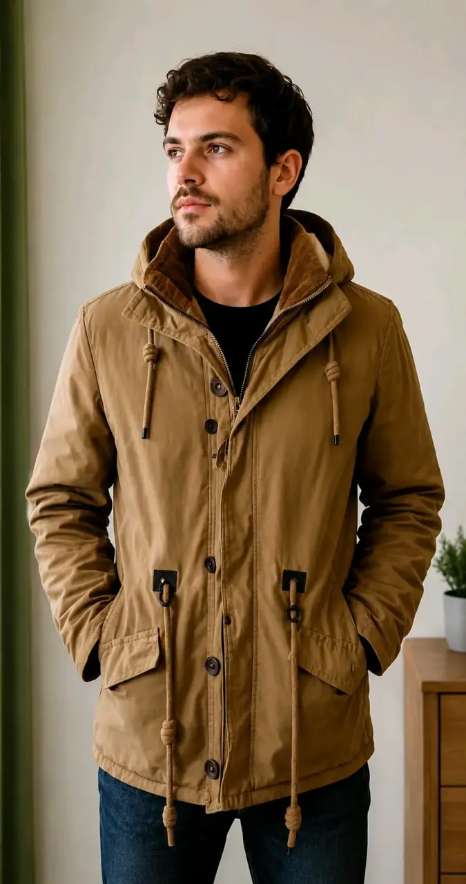 Parka marrón con capucha FSP para hombre - 4