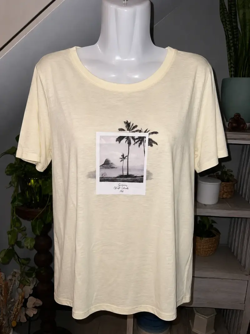 Polera MNG beige con estampado de palmeras - 1