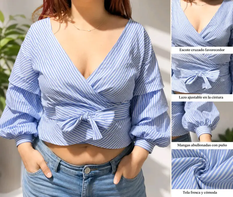 Blusa cruzada a rayas azul con lazo
