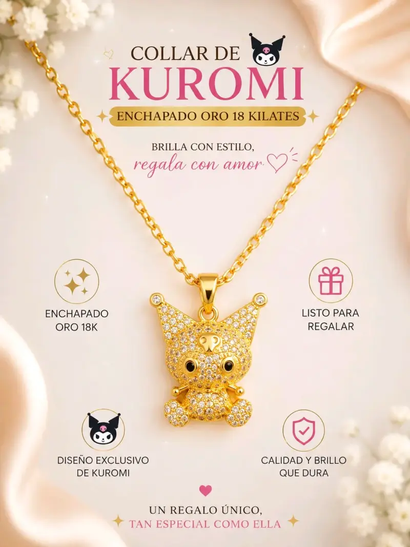 Collar Kuromi enchapado en oro 18 kilates + joyero - 2