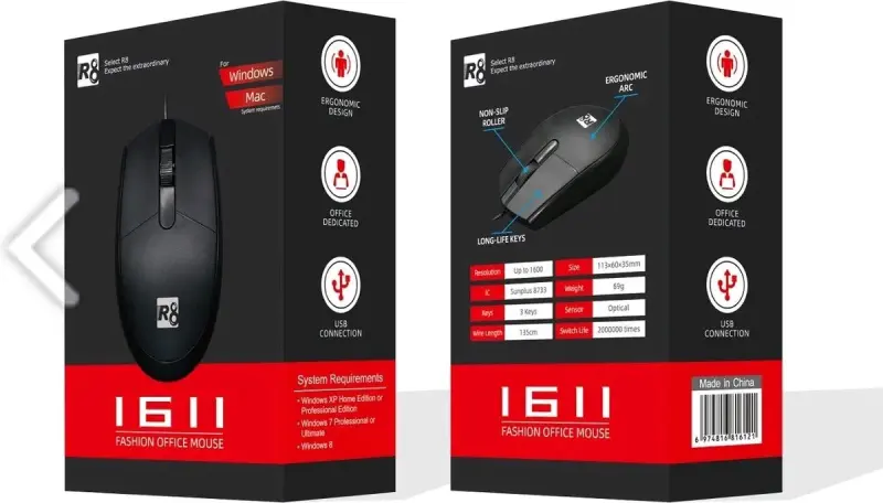 Mouse óptico R8 1611 ergonómico USB - 3