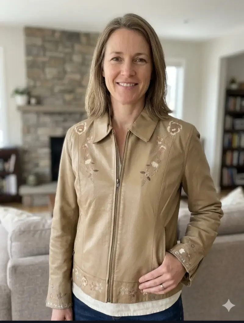 Chaqueta de cuero beige con bordados florales