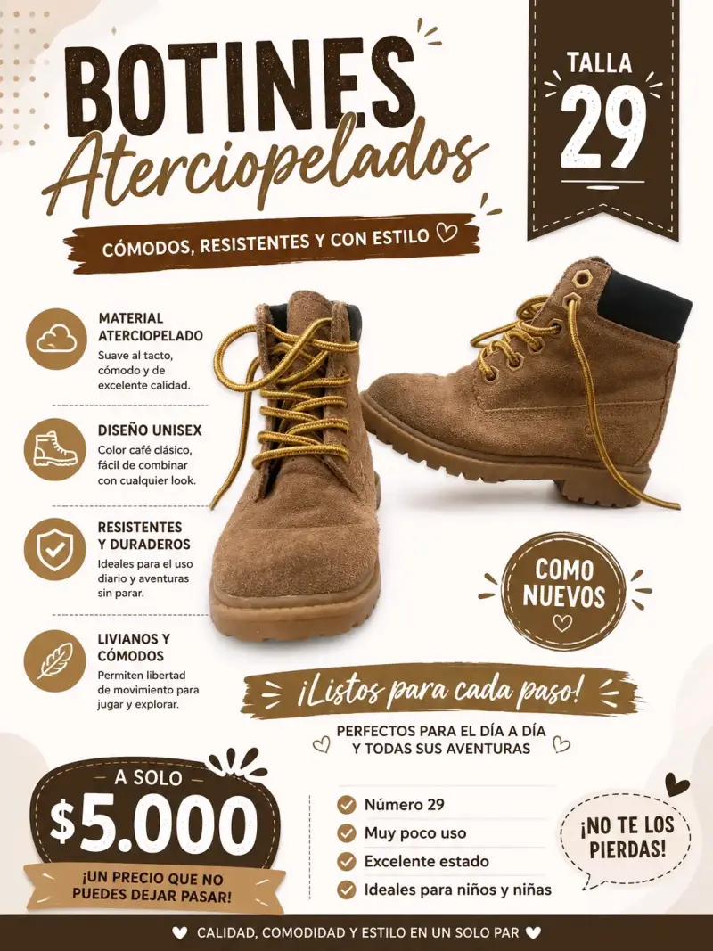 Botines Aterciopelados Talla 29 Café Unisex