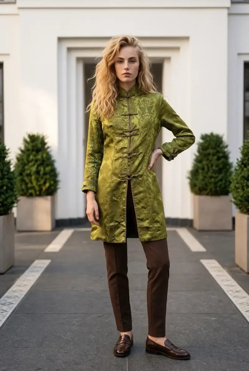 Abrigo verde estilo oriental para mujer - 2