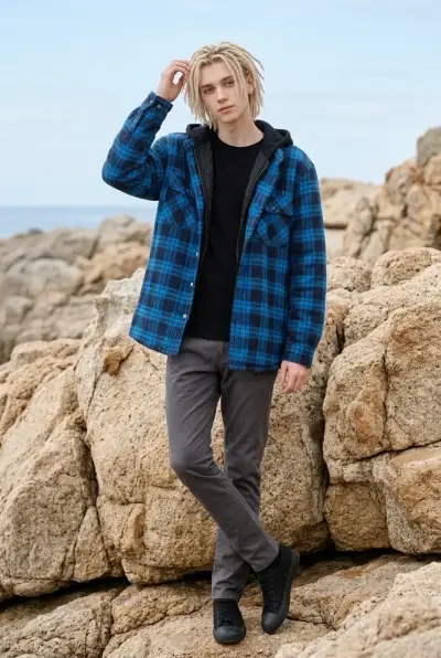 Chaqueta de franela azul a cuadros para hombre - miniatura 1