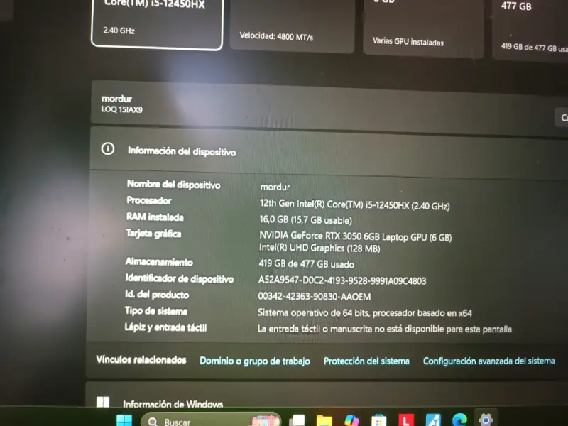 Laptop Intel Core i5 12va Gen con NVIDIA RTX 3050 - 3