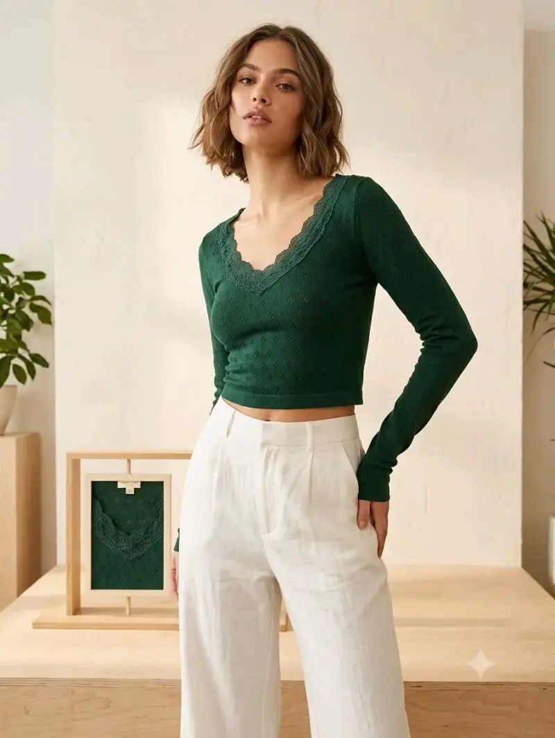 Polera verde de encaje manga larga - 2