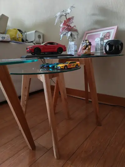 Juego de mesas de centro redondas de vidrio y madera - miniatura 4