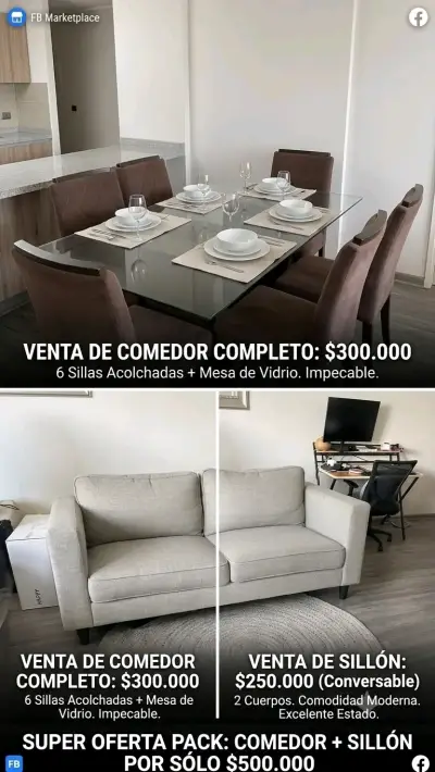 Juego de comedor con mesa de vidrio y sillas acolchadas - miniatura 1