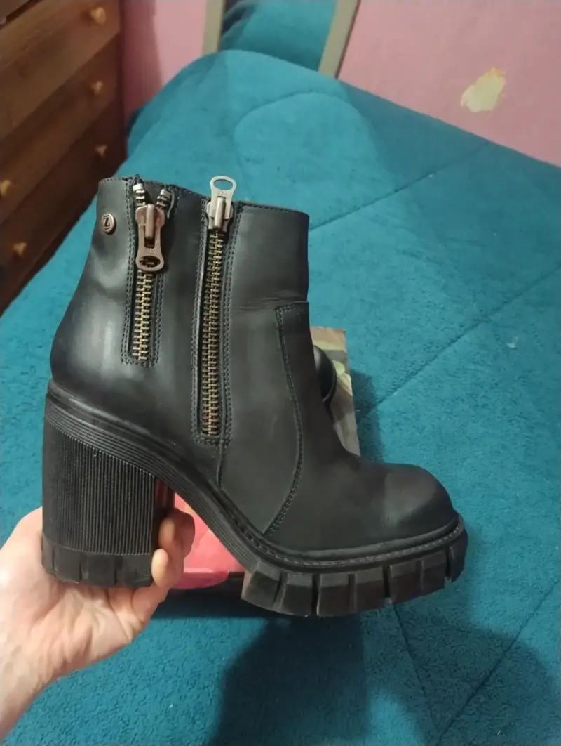 Botines de cuero negro con tacón para mujer - 3