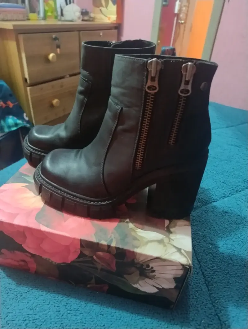 Botines de cuero negro con tacón para mujer - 6