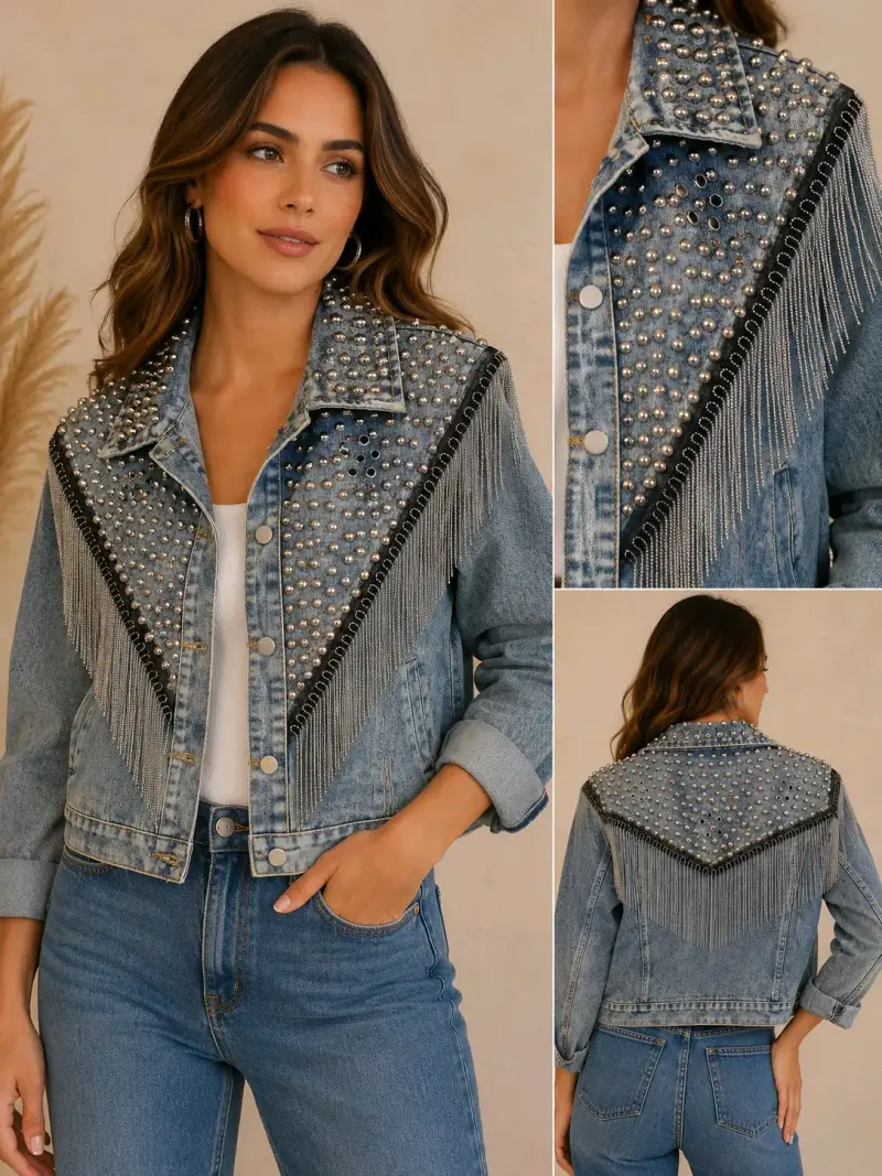 Chaqueta de mezclilla con tachuelas y flecos