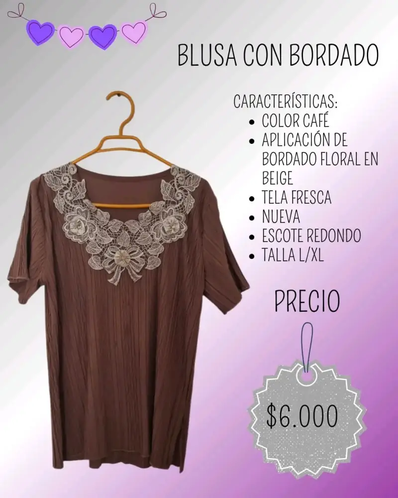 Blusa café con bordado floral beige