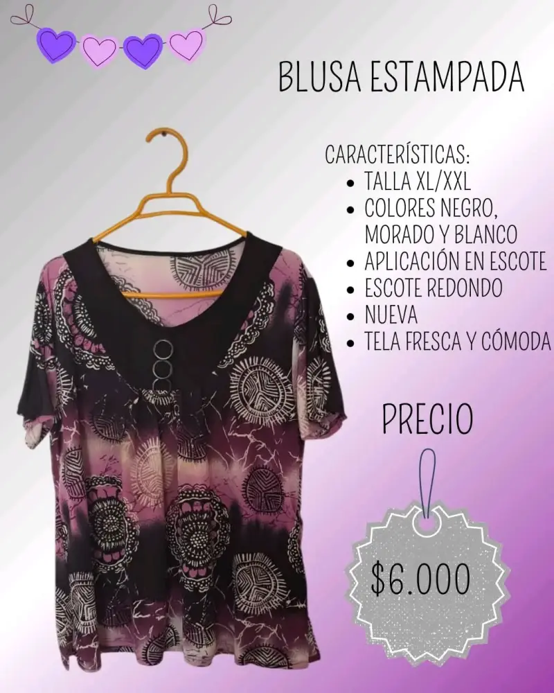 Blusa estampada negra, morada y blanca XL/XXL