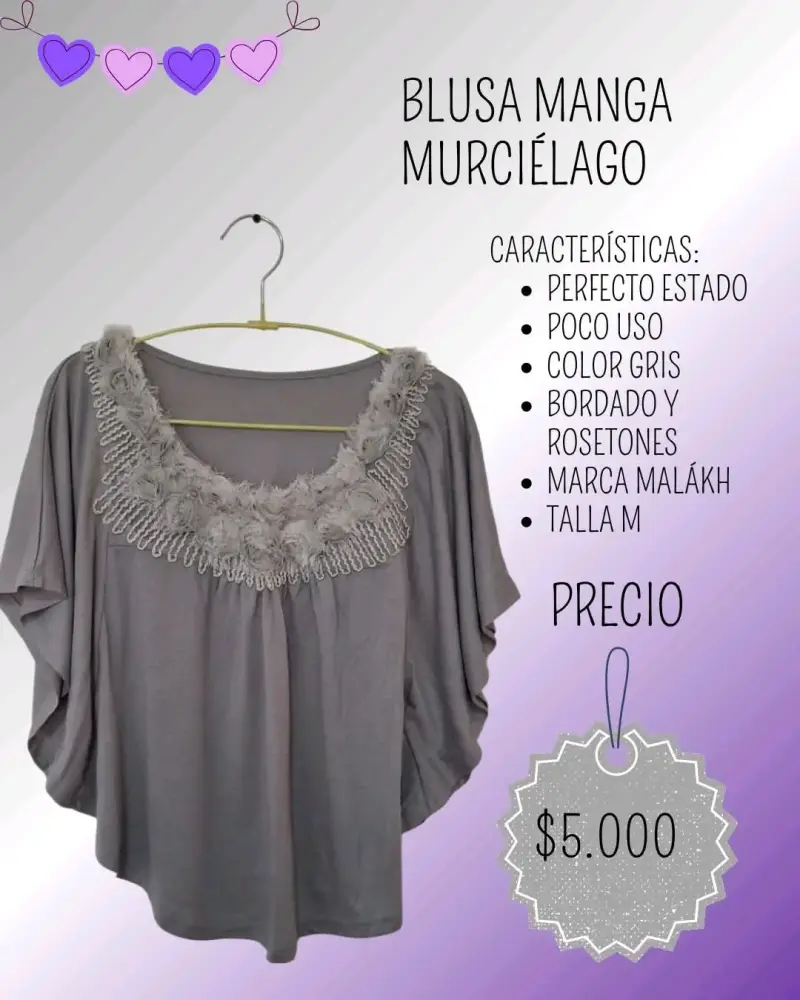 Blusa manga murciélago gris con bordado