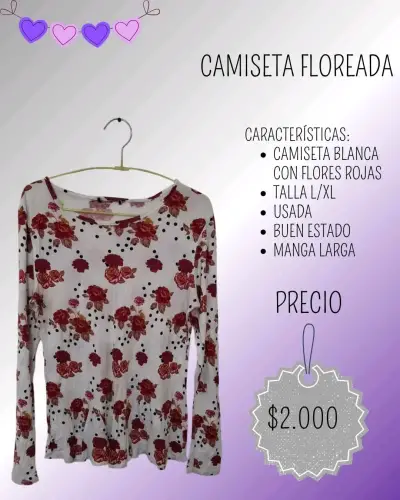 Camiseta floreada blanca con flores rojas - miniatura 1