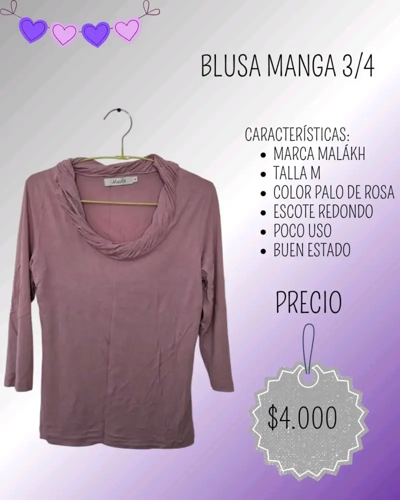 Blusa manga 3/4 color palo de rosa Malákh