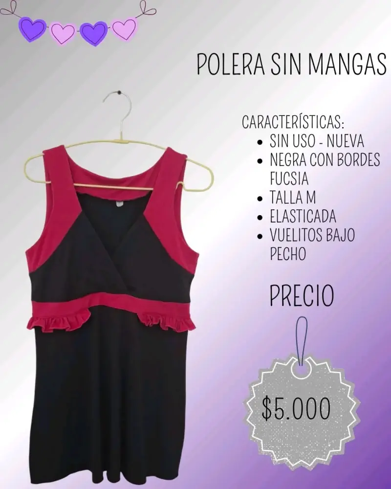 Polera sin mangas negra con bordes fucsia