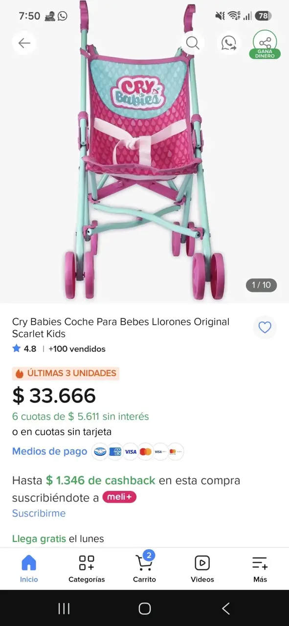 Coche de juguete Cry Babies rosa para muñecas - 5